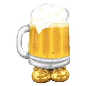 May include: A beer mug-shaped balloon with a silver handle and base, filled with golden liquid and topped with white foam. The bottom of the balloon is gold, resembling feet. Perfect for a party or celebration.