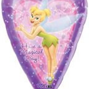 May include: A heart-shaped balloon featuring Tinkerbell in a green dress with wings, set against a pink and purple background. The balloon has the text "Have a Magical Day!" and is decorated with sparkling stars.