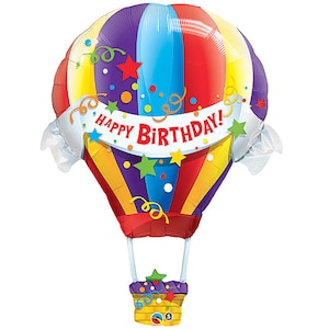 May include: A colorful hot air balloon shaped foil balloon with a banner that says "Happy Birthday!" and confetti. The balloon has a basket with stars and confetti.