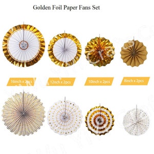 Set of EIGHT Gold Foil Paper Fans, hanging decor, event decorations, free and FAST SHIP