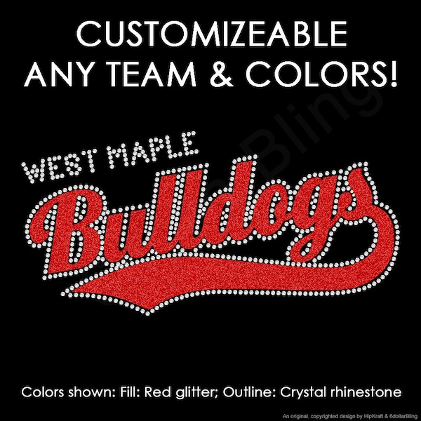 Any Team Name Custom Rhinestone + Glitter Iron-on Transfer Bling Crystal Applique with Tail - You Choose Colors - Make Your Own Shirt DIY!