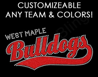 Any Team Name Custom Rhinestone + Glitter Iron-on Transfer Bling Crystal Applique with Tail - You Choose Colors - Make Your Own Shirt DIY!