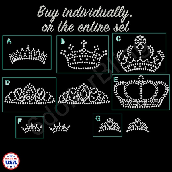 Crowns and Tiaras Rhinestone Iron-On Small Crystal Bling Hotfix Sparkle Transfer Applique - Make Your Own Princess Queen Shirt DIY!