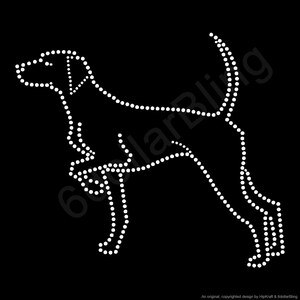 May include: A white dotted outline of a dog in a side profile against a black background. The dog is depicted in a running or walking pose, with its tail raised. The design is simple and graphic.