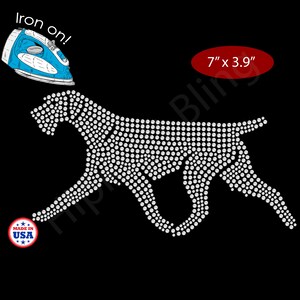 May include: A white rhinestone dog design, approximately 7" x 3.9", on a black background. The design is made of small, round rhinestones. An iron and the words "Iron on!" are in the upper left corner. A "Made in USA" sticker is in the lower left corner.