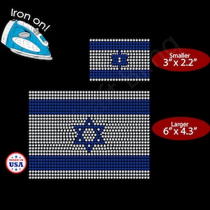 May include: Iron-on patches featuring the flag of Israel, available in two sizes: 3" x 2.2" and 6" x 4.3". The patches are blue and white, with a Star of David in the center. The text "Iron on!" is visible, along with "Made in USA".