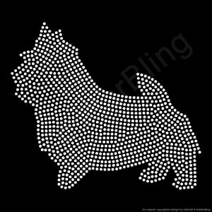May include: A white dog silhouette, composed of numerous small white dots, is set against a solid black background. The dog is depicted in a standing pose, with its tail slightly raised. The design is simple and graphic.