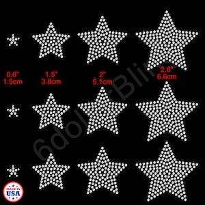 May include: A collection of star-shaped rhinestones in various sizes, ranging from 0.6 inches to 2.6 inches. Each star is composed of numerous small, sparkling dots, creating a dazzling effect. The stars are displayed against a black background.
