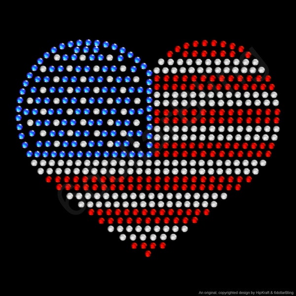 Rhinestone Iron On Transfer "USA Heart Flag" Crystal Bling Design Patriotic - Make Your Own Shirt! DIY