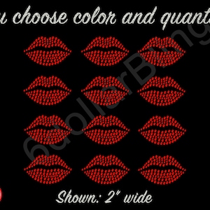 May include: Black background with multiple red rhinestone lips. Text at the top says "You choose color and quantity." The bottom text says "Shown: 2" wide." A "Made in USA" logo is in the bottom left corner.