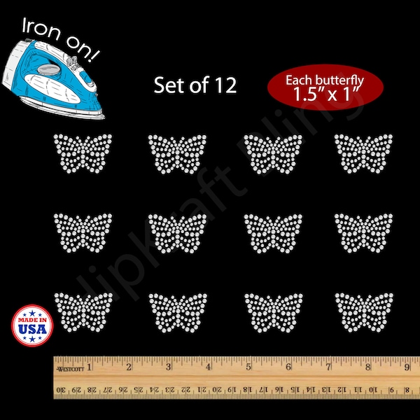 Sheet of tiny Butterflies Rhinestone Iron-on Crystal Bling Hotfix Sparkle Transfer Applique. Make Hair Bows or Shirt DIY! Butterfly