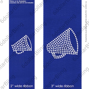 May include: Two blue ribbons with a rhinestone megaphone design. One ribbon is 2 inches wide, and the other is 3 inches wide. The text "2" wide ribbon" and "3" wide ribbon" are at the bottom of the ribbons.