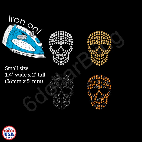 Rhinestone Iron On Applique Transfer Small Skull Crystal Bling Design - Make Your Own Shirt, Bows, Face Mask DIY!