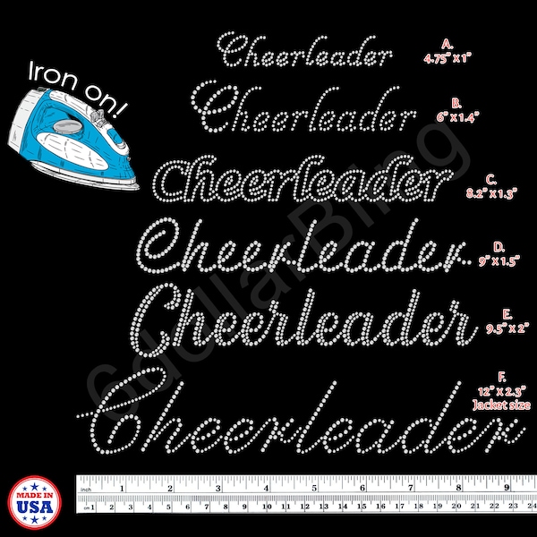 Cheerleader Text Cheer Rhinestone Iron On Transfer Bling Applique for Cheerleading - You Choose Color - Make Your Own Shirt DIY!