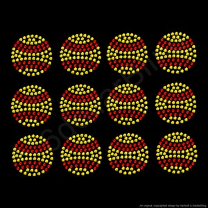 May include: Twelve circular designs on a black background. Each design is composed of small, yellow and red rhinestones arranged in a pattern. The designs are in a grid-like arrangement.