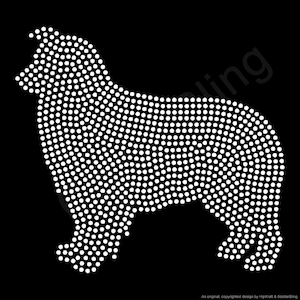 May include: A dog silhouette design created with white rhinestones against a solid black background. The canine figure is depicted in profile, standing with its head turned slightly, and is composed of numerous small, circular, reflective studs.