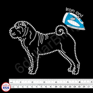 May include: A rhinestone Shar Pei dog design on a black background. The dog is outlined with white rhinestones. A blue iron with the text "Iron on!" is in the upper right corner. A ruler is at the bottom, with the text "inch" and "MADE IN USA".