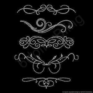 May include: Black background with five white dotted decorative design elements. The designs include swirls, curls, and symmetrical patterns. The designs are likely for crafting or embellishment.