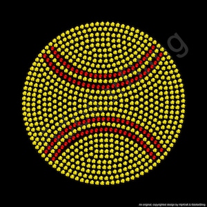 May include: A yellow and red rhinestone design in the shape of a softball on a black background. The softball design is made of yellow rhinestones with red curved lines. The design is an original copyrighted design by HipKraft & 6dollarBling.