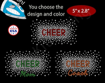 Rhinestone Iron On Transfer CHEER starburst scatter Crystal Bling Sparkle Applique Design Patch - Make Your Own Shirt DIY Small Coach Mom