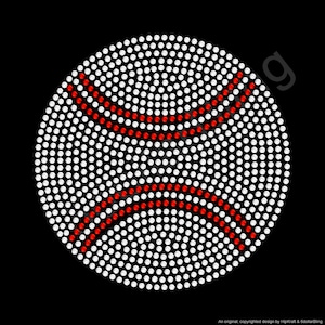 May include: A circular design on a black background, composed of numerous white dots forming a ball shape. Two curved red lines cross the ball. The design is reminiscent of a sports ball.