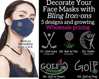 Golf Face Mask Small Rhinestone Iron-on Crystal Bling Hotfix Sparkle Transfer Applique- Make a Facemask Golfing Club Ball