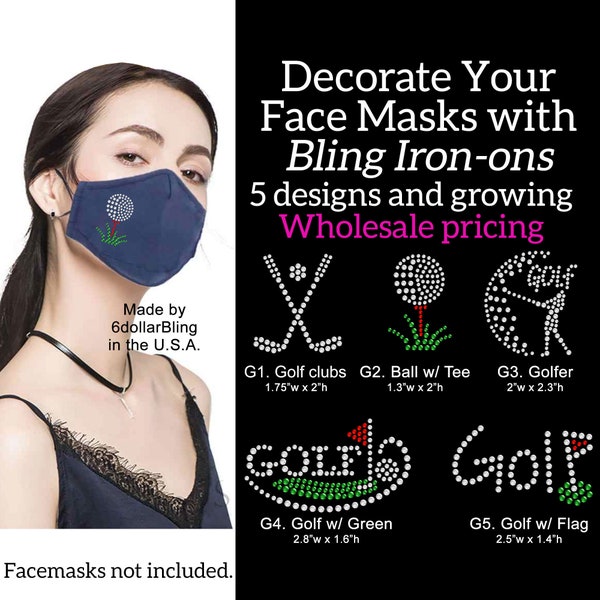 Golf Face Mask Small Rhinestone Iron-on Crystal Bling Hotfix Sparkle Transfer Applique- Make a Facemask Golfing Club Ball