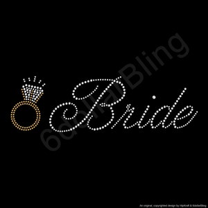 May include: Black background with the word "Bride" spelled out in white rhinestones. A gold and white rhinestone ring is on the left. The design is for bridal wear.