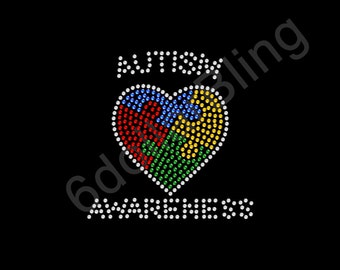 Autism Awareness Puzzle Heart (Small) Rhinestone Iron-on Crystal Bling Hotfix Sparkle Transfer Applique - Make Your Own Autism Symbol Shirt!