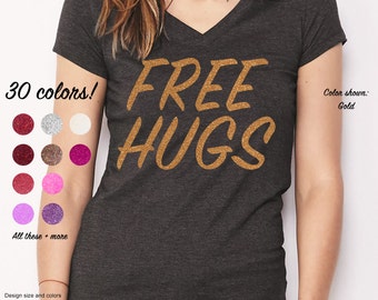 FREE HUGS Glitter Iron-on Transfer Bling Design - Beaucoup de couleurs - Faites votre propre chemise DIY! La Saint-Valentin ou tous les jours