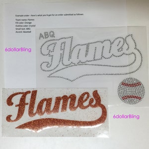 Any Team Name Custom Rhinestone Glitter Iron-on Transfer Bling Crystal Applique with Tail You Choose Colors Make Your Own Shirt DIY image 2