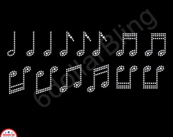 Rhinestone Iron On Transfer Music Notes Sheet of Crystal Bling Design Sparkle Applique Music Band Orchestra - Make Your Own Shirt, Bows, etc