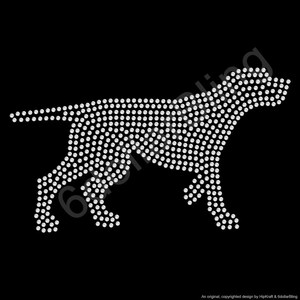 May include: A white dog silhouette, created with small, round, white rhinestones, is set against a black background. The dog is depicted in a walking pose, with its tail extended. The design is a sparkling, eye-catching graphic.