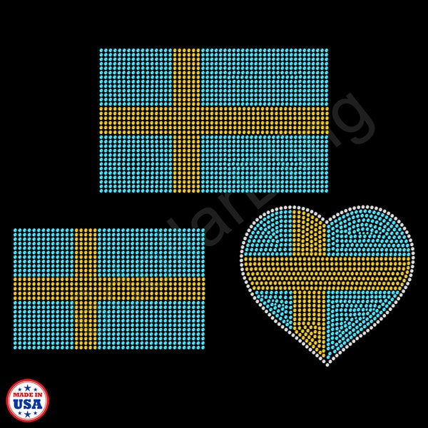 Sweden Swedish Flag Rectangle or Heart Rhinestone Iron-On Transfer Crystal Bling Applique - Sverige - Make Your Own Shirt DIY!