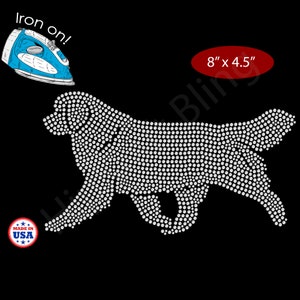 May include: A rhinestone dog design, approximately 8" x 4.5", on a black background. The dog is made of white rhinestones. The image includes a blue iron and the text "Iron on!" and "Made in USA".