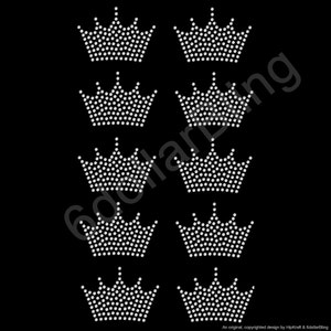 May include: Ten white rhinestone crown designs on a black background. Each crown is made of small, evenly spaced rhinestones. The crowns are arranged in two columns of five, with a simple, elegant design.
