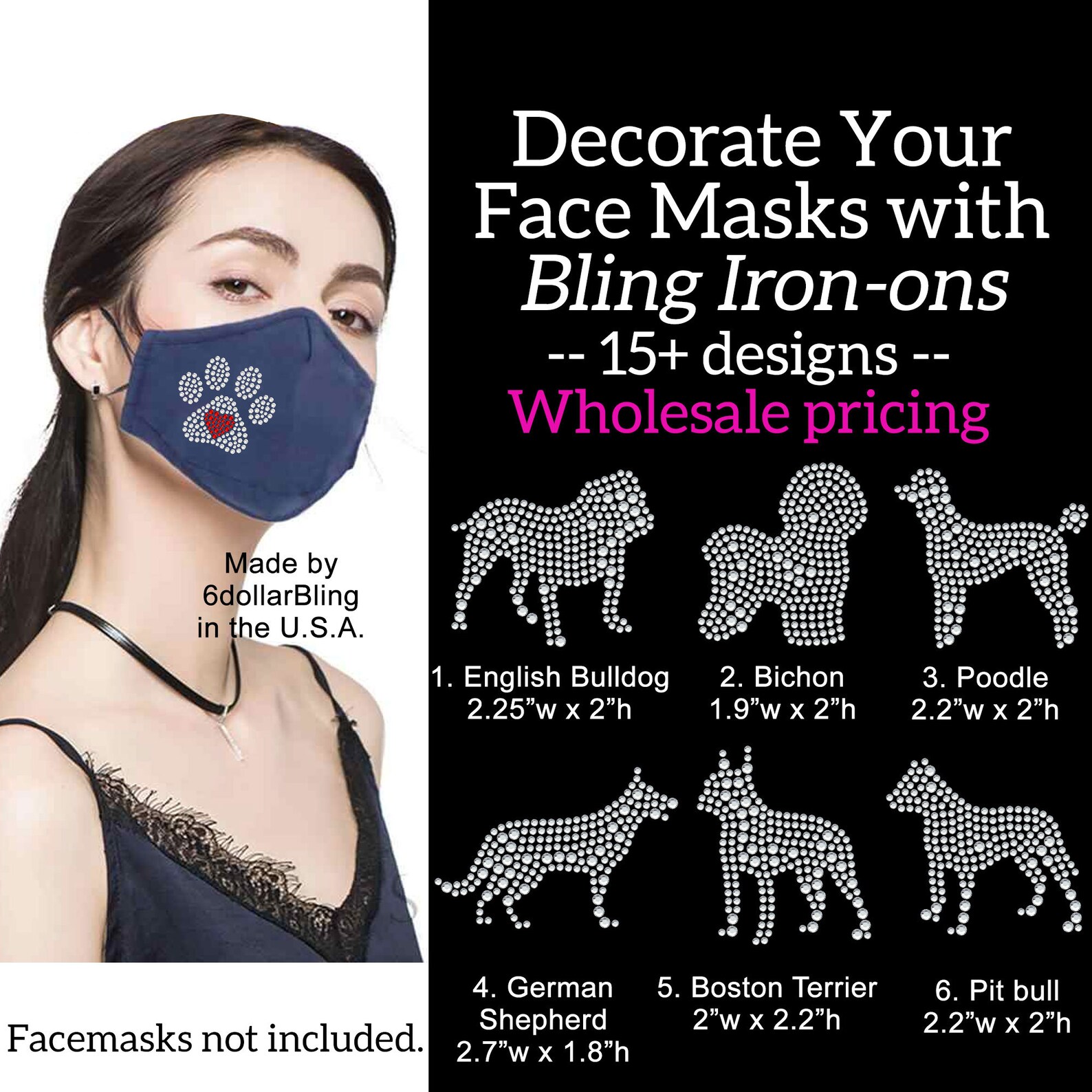 Dogs Face Mask Small Rhinestone Ironon Crystal Bling Hotfix Etsy