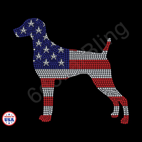 Rhinestone Iron On Transfer Weimaraner USA American Flag Bling Sparkle Applique Crystal Bling Design Make Your Own Shirt DIY!