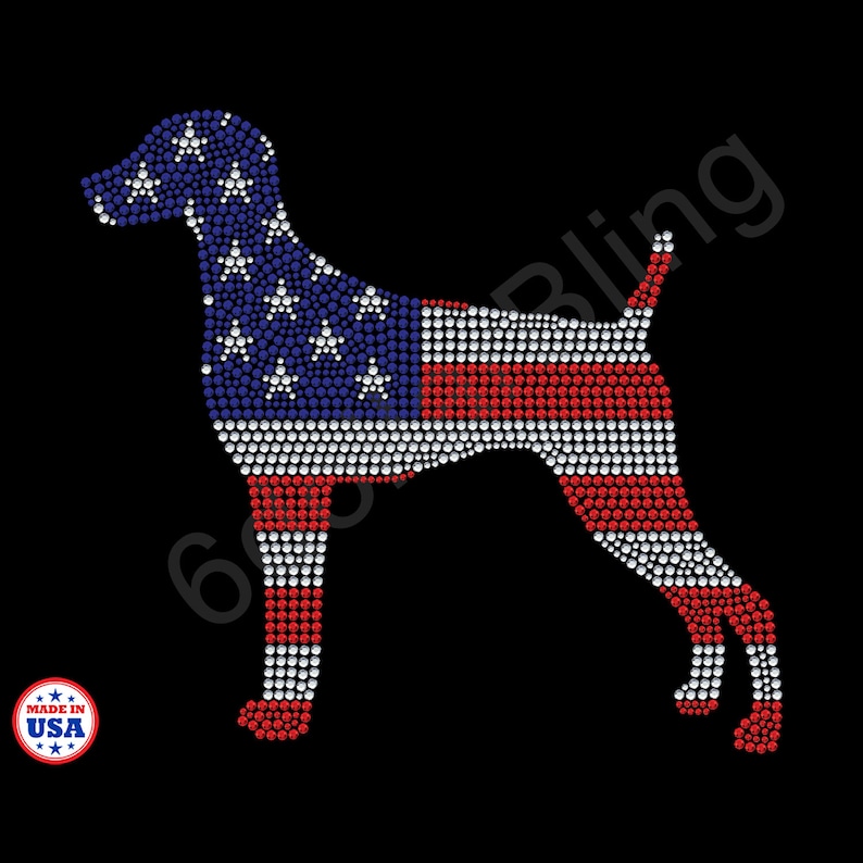 Rhinestone Iron On Transfer Weimaraner USA American Flag Bling Sparkle Applique Crystal Bling Design Make Your Own Shirt DIY!