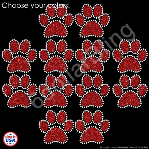 Rhinestone + Glitter Iron-on Sparkle Applique Transfers Dog paw/Cat paw - Set of 10 small - You Choose colors - Make Your Own Bows DIY