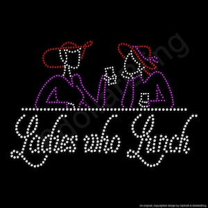 May include: Black graphic with the text "Ladies who Lunch" in white dots. Two figures in hats and purple clothing are depicted above the text, also in dot form. The hats are red. The background is black.