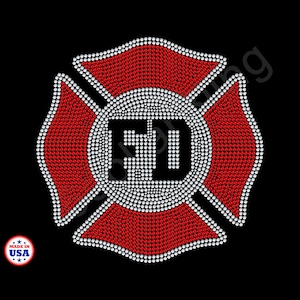 May include: A firefighter Maltese cross design, featuring the letters "FD" in the center. The cross is red with white and red accents, set against a black background. A "Made in USA" sticker is in the lower left corner.