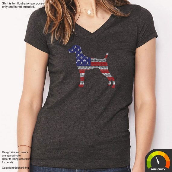 Rhinestone Iron On Transfer Weimaraner USA American Flag Bling Sparkle Applique Crystal Bling Design Make Your Own Shirt DIY!