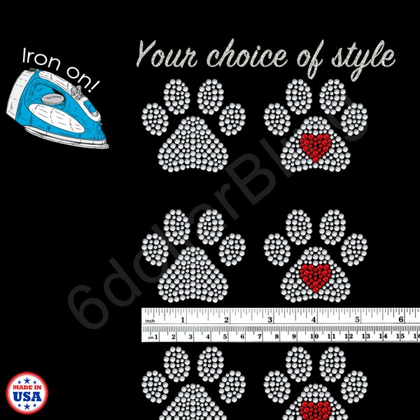 Small Rhinestone Dog Paws Iron On Transfer Bling - You Choose Style - Make Your Own Facemasks, Cheer Bows, etc DIY face mask Paw Print