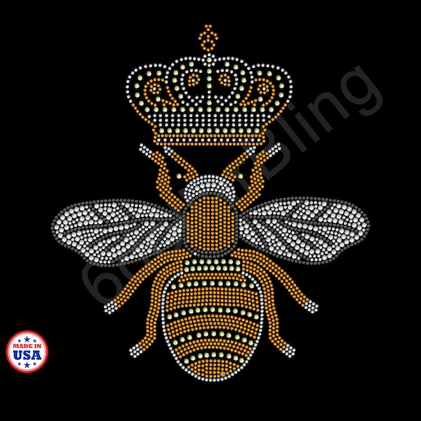 Bee with Crown Queen Bee Rhinestone Iron On Transfer Crystal Sparkle Applique Bling Design - Make Your Own Shirt DIY!