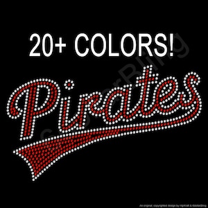 May include: Black background with the word "Pirates" in a script font, outlined in white and filled with red and white dots. The text "20+ COLORS!" is above the word "Pirates".