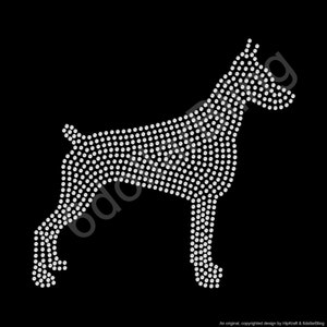 May include: A white rhinestone dog silhouette on a black background. The dog is depicted in a standing profile, with the body formed by numerous small, round rhinestones. The design is a sparkling, eye-catching image.