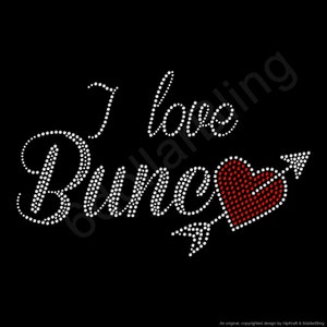 May include: Black background with the phrase "I love Bunes" in white dotted letters. A red dotted heart is pierced by a white arrow. The design is made of small, round dots.