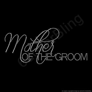 May include: Black background with the phrase "Mother of the Groom" in white, cursive lettering. The letters are formed by small, evenly spaced white dots, creating a sparkling effect. The design is centered.