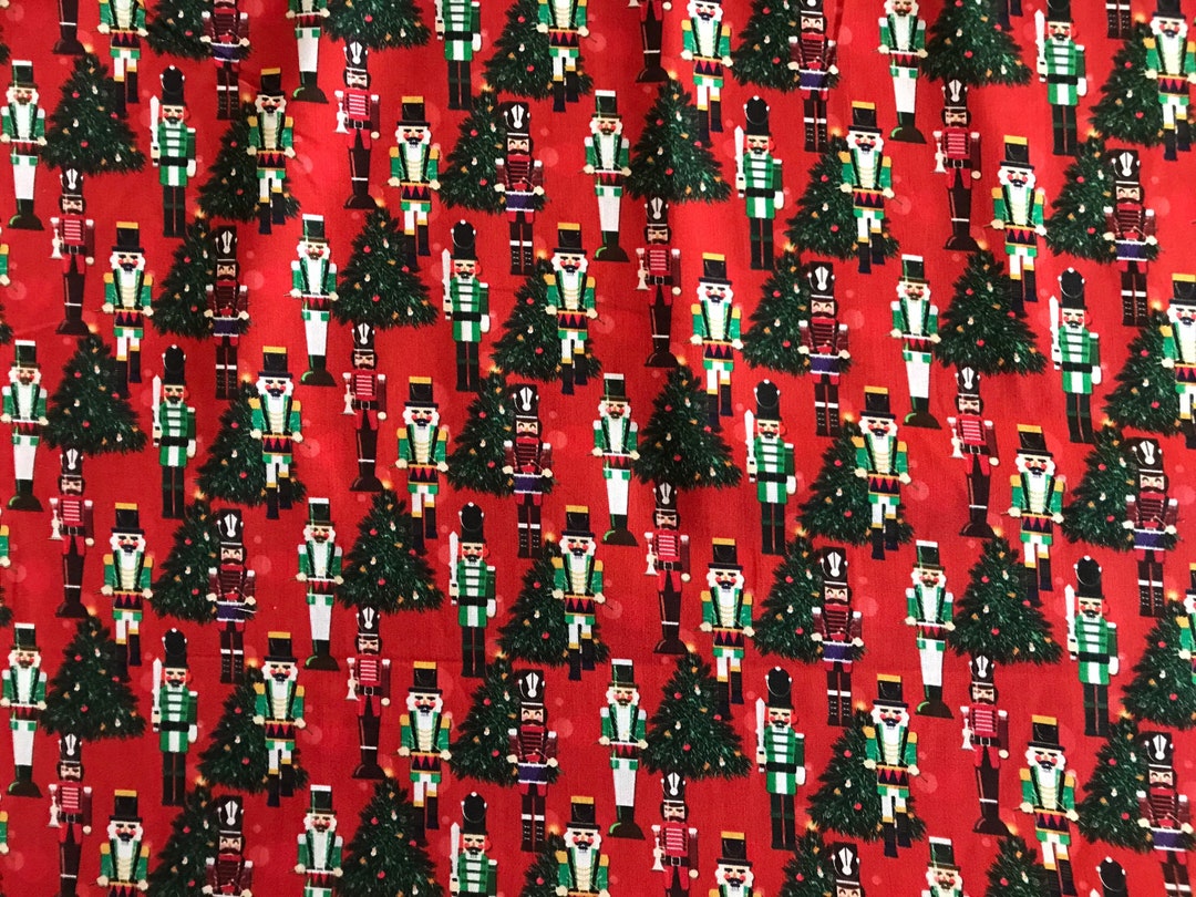 Holiday Nutcrackers and Christmas Trees, Cotton Fabric Sold by the Yard